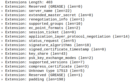 Chrome TLS extension list